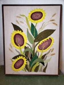 lot 3964 image: Crewel Sunflowet Art Framed In