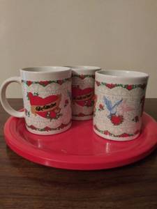 lot 8441 image: Set of 3 Valentines Day Mugs w Red serving platter