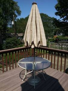 lot 8499 image: Deck Table with Umbrella and Stand