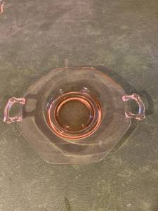 lot 9264 image: Pink Depression Glass 8-Sided Plate With Handles Location Basement Counter