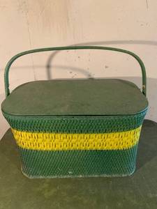 lot 9266 image: Vintage Green and Yellow Picnic Basket Location Basement