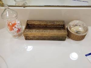 lot 10010 image: Lot of 3 Bathroom Decor. Metal Tissue Box. Bath Powder Box. and Glass Canister