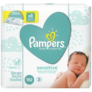 lot 1399 image: Pampers Baby Wipes Sensitive Perfume Free 3X Refill Packs (Tub Not Included) 192 Count