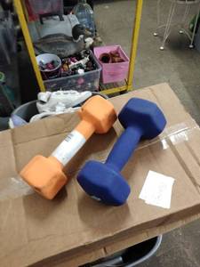 lot 1424 image: 10 lb blue hand weight and orange 8 lb