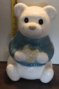 lot 9837 image: Bear Cookie Jar with Blue Sweater