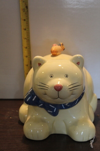 lot 9839 image: CoCo  Dowley Cat with Fish on Back Cookie Jar