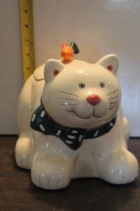 lot 9840 image: CoCo  Dowley Cat with Fish on Back Cookie Jar