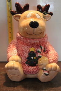 lot 9914 image: Reindeer in Sweater with Candy Cane Cookie Jar
