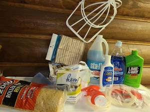 lot 1009 image: Some Product and other miscellaneous cleaning items. Mop replacement Roller, Sponges, Baseball Cap Washer, and Clothes Pins