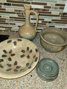 lot 1016 image: Pottery Hand Made by Judy Dove. A Local Wichita Artist..Pitcher, Bowl, vase and Candle Holder