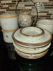lot 1017 image: Pottery. 3 Chip and Dip Bowls, Incense Burner, Bowl and Sand Art