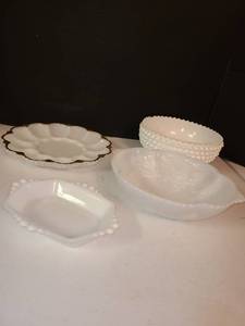 lot 1037 image: 4 pcs. Various White China. 1 bowl is Milk Glass, a deviled egg platters with gold trim and 2 other serving dishes