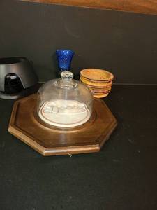 lot 1043 image: GlassWooden Cheese Platter, Wooden Bowl and 2 CandlesHolders