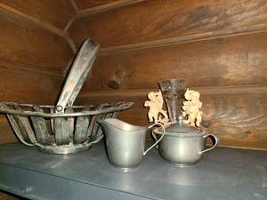 lot 1075 image: Silver Plated Fruit Bowl ,Cream and Sugar Dish With Angel Candle Holder