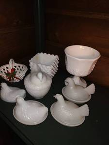 lot 1077 image: White China Dishes. Candy Dish, Basket, Vase and 4 Chicken Dishes with extra chicken lid