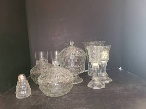 lot 1110 image: 12 pcs. Fostoria Glass. Vase, Candy Dishes, Candle Holders and a Shaker