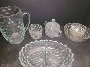 lot 1112 image: 8 pcs. Fostoria Glass. Pitcher, Candy Dish, Sugar and Creamer Set and 3 Bowls