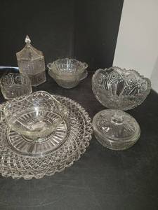 lot 1125 image: 12 Pcs. Miscellaneous Glass. Platter, Relish Tray, Candy Dishes and Bowls