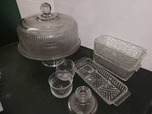 lot 1126 image: 8 Pcs. Miscellaneous Glass. Cake Server, 2 Loaf Pans, Candle Holder, and other items