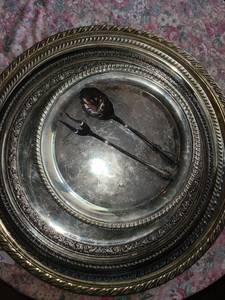 lot 1129 image: 7 Silverplated Serving Trays and a Spoon and A Fork