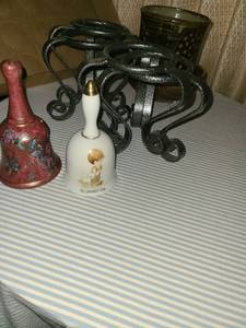 lot 1130 image: Miscellaneous Smallwares. Brass Bowl, 4 Candle Holders, Bells and Vase