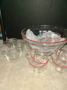 lot 1132 image: Punch Bowl Set. Glass with Red Edged Trim and 6 extra glasses