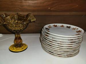 lot 1141 image: 12 Dessert Plates ( fall Decor), and a Candy Dish