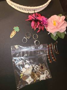 lot 1513 image: Hair Barettes 6 pcs. 4 Rings Girl Scout Book Mark, and some Various Broken Jewelry. ALL Costume Jewelry.