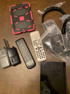 lot 2106 image: Western digital my book with headsets microphone miscellaneous walkie-talkies remote controls for televisions and a tablet case