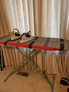 lot 2162 image: Two irons and ironing board