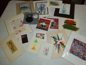 lot 3082 image: 17 pcs. of small various Art. Water Color, Abstract, Formed Paper, and others
