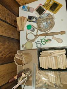 lot 3096 image: Art Supplies..Hinges, Wooden pegs, rope, and other miscellaneous items