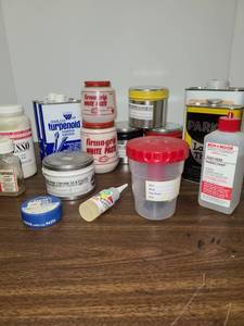 lot 3218 image: Painting Supplies. Extendor, Turpenoid, Lithographic Paint, white Paste, and a few other miscellaneous items