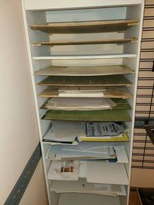 lot 3307 image: Homemade Shelf. Comes with Various Paper. 13 Shelf 72 x 24 x 18