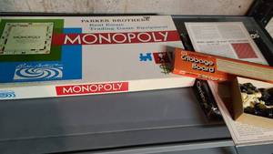 lot 3429 image: Games Monopoly, Tri Ominos, Cribbage Board and Chess