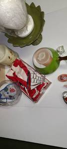 lot 3453 image: Box of Miscellaneous. Fondue Pot, American Flag, Container. Dog, and other miscellaneous items