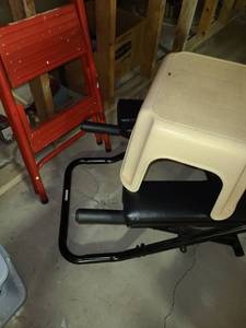 lot 3473 image: Red Step Stool, Black Chair. and Tan Step Stool