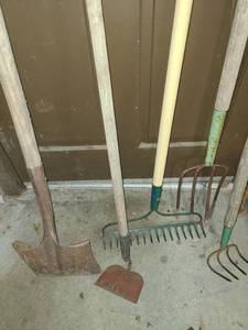 lot 4003 image: Gardening Tools. Shovel, Rake, Hoe and 2 Pitch Forks