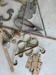 lot 4035 image: Rod Iron Pieces. Old Hinges, Plant Hooks, Old Door Accessories, and other miscellaneous items