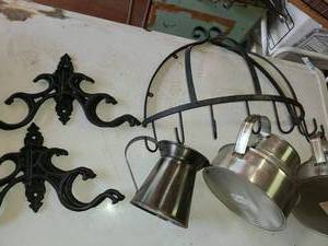 lot 4054 image: Kitchen Wares....Iron Pots and Pans Holders (3) plus 3 various pitchers