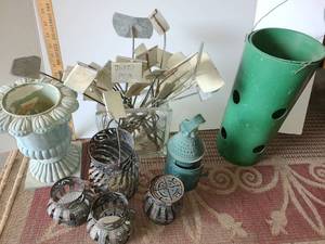 lot 4069 image: Gardening Items. Concrete Plant Stand 10 tall, Outdoor Lanterns, Topsy Turvy, and Garden Name Tags
