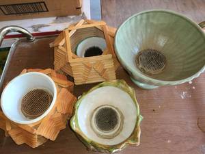 lot 4077 image: Faux Floral Frogs inside Pots