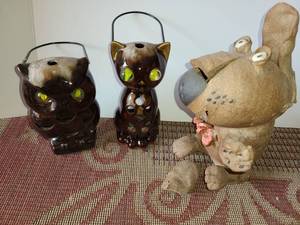 lot 4078 image: Outdoor Lanterns. Owl and Cat Ceramic and a concrete dog...with broken ear