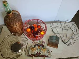 lot 4099 image: Miscellaneous. Heart Shaped Baskets, Glass Balls, wire Basket, Wicker Bottle and other items