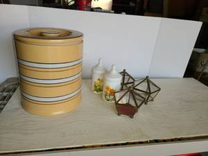 lot 4101 image: Storage Containers. Cookie Jar 2 small bottles with lids and 3 brass jewelry