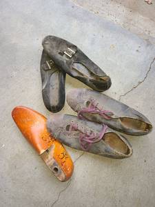 lot 4134 image: Old Shoes Tap Shoes. Baseball Clets and a wooden Shoe Stretcher