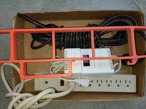 lot 4135 image: Electrical Items. Extension Cord...little frayed will need new plug Surge Protector and other items