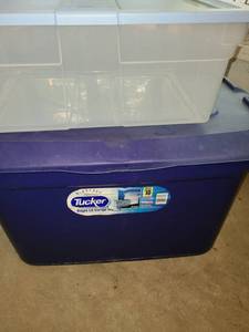 lot 5002 image: Rubbermaid Plastic Tote and a Tucker Housewares Tote with Hinged Lid 35 gallon.