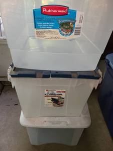 lot 5003 image: Plastic Storage Totes. Rubbermaid, Sterlite, and Akro Mills. They are mostly 12 gallons each