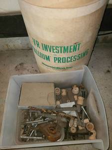 lot 5024 image: Vintage Round Cardboard Container 21 tall. No lid . also a container of Miscellaneous nuts and bolts, and other items